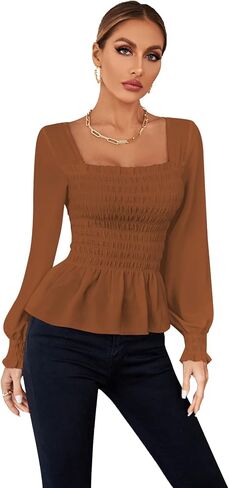 Umenlele Women's Square Neck Ruffle Frill Smocked Long Sleeve Peplum Blouse Top in Saudi Arabia