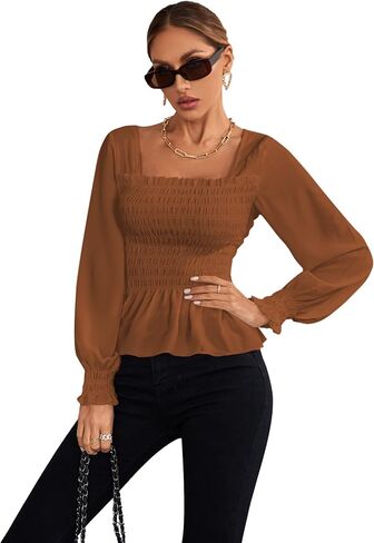 Umenlele Women's Square Neck Ruffle Frill Smocked Long Sleeve Peplum Blouse Top in Saudi Arabia