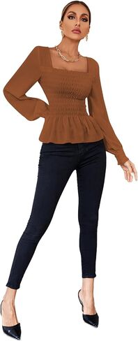 Umenlele Women's Square Neck Ruffle Frill Smocked Long Sleeve Peplum Blouse Top in Saudi Arabia