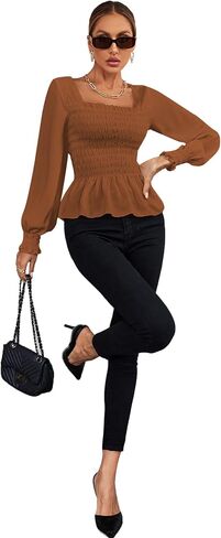 Umenlele Women's Square Neck Ruffle Frill Smocked Long Sleeve Peplum Blouse Top in Saudi Arabia