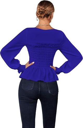 Umenlele Women's Square Neck Ruffle Frill Smocked Long Sleeve Peplum Blouse Top in Saudi Arabia