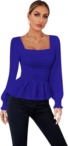 Umenlele Women's Square Neck Ruffle Frill Smocked Long Sleeve Peplum Blouse Top in Saudi Arabia
