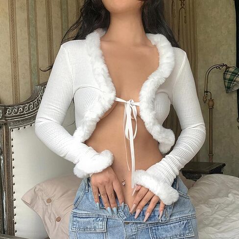 Eilova Orityle بلوزة نسائية طويلة الأكمام بربطة أمامية منفوش الكفة بلوزة من الفرو الصناعي مثير ضيق تي شيرت in Kuwait