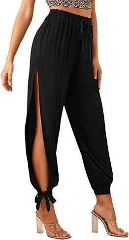 SOLY HUX Women's Elastic High Waisted Split Side Knot Hem Pants Solid Black in Saudi Arabia