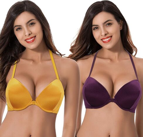 Curve Muse Womens Push Up Add 1 and a Half Cup Underwire Halter Front Close Bras in Saudi Arabia