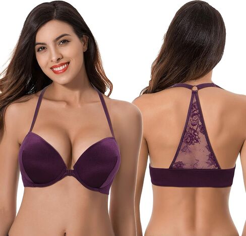 Curve Muse Womens Push Up Add 1 and a Half Cup Underwire Halter Front Close Bras in Saudi Arabia