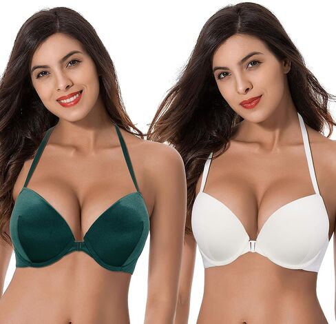 Curve Muse Womens Push Up Add 1 and a Half Cup Underwire Halter Front Close Bras in Saudi Arabia