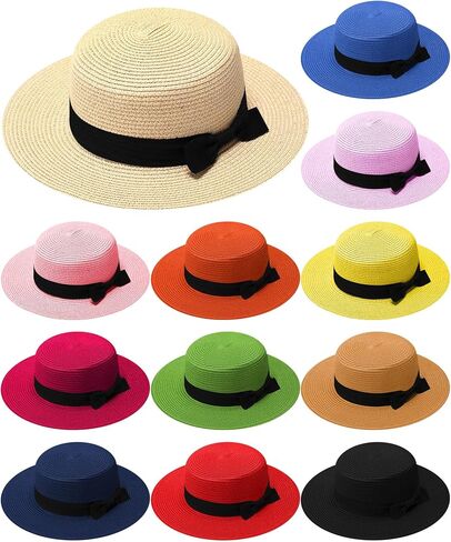 Hercicy 12 Pack Straw Boater Hat Men Women Summer Hats with Black Bow Ribbon Colorful Wide Brim Hat for Sun Beach 1920s Accessory in Saudi Arabia