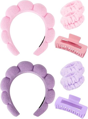 Wecoe Spa Headband And Wristband Set Skincare Headband For Washing Face Hair Claw Clips For Thick Hair Cute Black Puffy Sponge Makeup Headband Bubble Headband Wrist Towels Scrunchies For Women Girls in Saudi Arabia