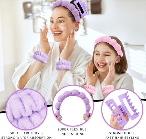 Wecoe Spa Headband And Wristband Set Skincare Headband For Washing Face Hair Claw Clips For Thick Hair Cute Black Puffy Sponge Makeup Headband Bubble Headband Wrist Towels Scrunchies For Women Girls in Saudi Arabia