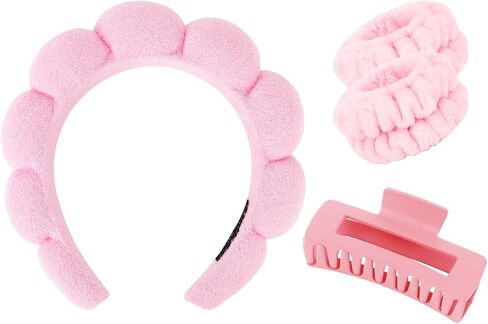 Wecoe Spa Headband And Wristband Set Skincare Headband For Washing Face Hair Claw Clips For Thick Hair Cute Black Puffy Sponge Makeup Headband Bubble Headband Wrist Towels Scrunchies For Women Girls in Saudi Arabia
