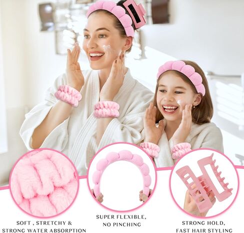 Wecoe Spa Headband And Wristband Set Skincare Headband For Washing Face Hair Claw Clips For Thick Hair Cute Black Puffy Sponge Makeup Headband Bubble Headband Wrist Towels Scrunchies For Women Girls in Saudi Arabia