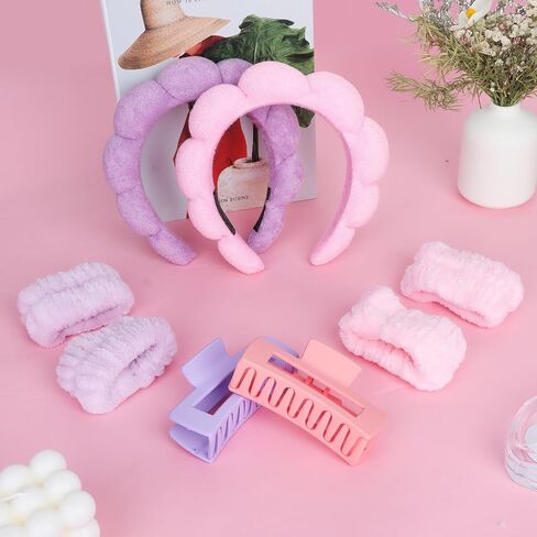 Wecoe Spa Headband And Wristband Set Skincare Headband For Washing Face Hair Claw Clips For Thick Hair Cute Black Puffy Sponge Makeup Headband Bubble Headband Wrist Towels Scrunchies For Women Girls in Saudi Arabia