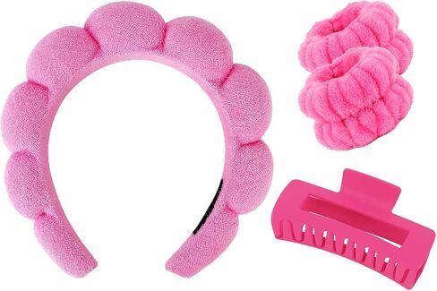Wecoe Spa Headband And Wristband Set Skincare Headband For Washing Face Hair Claw Clips For Thick Hair Cute Black Puffy Sponge Makeup Headband Bubble Headband Wrist Towels Scrunchies For Women Girls in Saudi Arabia