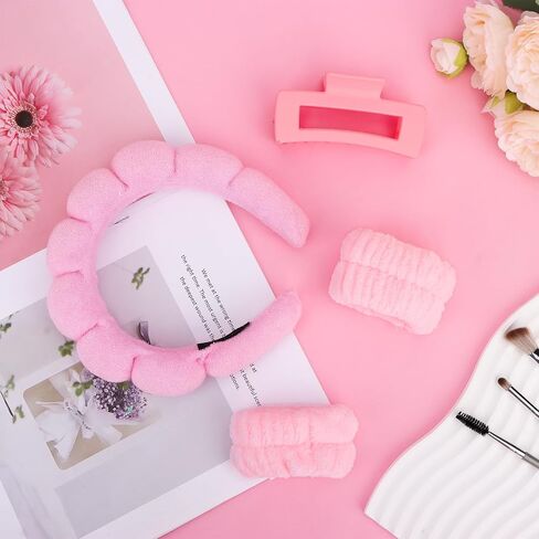 Wecoe Spa Headband And Wristband Set Skincare Headband For Washing Face Hair Claw Clips For Thick Hair Cute Black Puffy Sponge Makeup Headband Bubble Headband Wrist Towels Scrunchies For Women Girls in Saudi Arabia