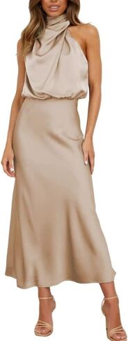 Satin Sleeveless Dress Elegant Lightweight Mock Neck Dress Women Maxi Dress Evening Long Dress Halter Neck Midi Dresses Party in Kuwait