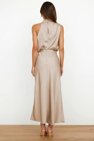 Satin Sleeveless Dress Elegant Lightweight Mock Neck Dress Women Maxi Dress Evening Long Dress Halter Neck Midi Dresses Party in Kuwait