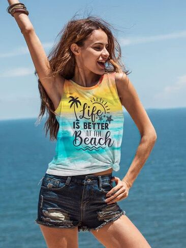 LUKYCILD Life is Better at The Beach Tank Tops Women Summer Hawaiian Beach Shirt: Casual Vacation Sleeveless Muscle Tank in Saudi Arabia