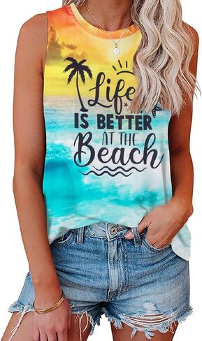 LUKYCILD Life is Better at The Beach Tank Tops Women Summer Hawaiian Beach Shirt: Casual Vacation Sleeveless Muscle Tank in Saudi Arabia