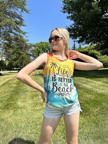 LUKYCILD Life is Better at The Beach Tank Tops Women Summer Hawaiian Beach Shirt: Casual Vacation Sleeveless Muscle Tank in Saudi Arabia