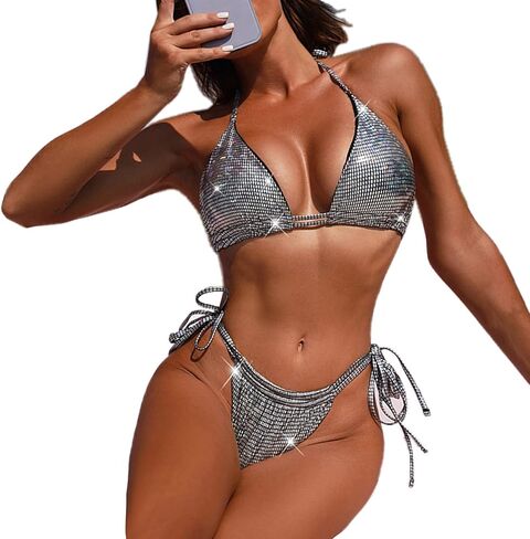 Women Sexy Reflective Bikini Set Halter Push Up Swimsuit Holographic Bathing Suit Swimwear Beachwear in Saudi Arabia