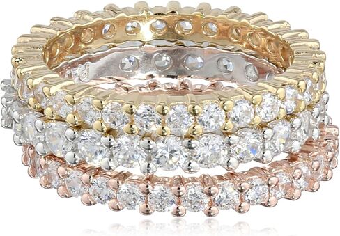Amazon Collection Tri-Tone Sterling Silver Cubic Zirconia All-Around Band Stacking Ring Set (Set of 3), Size 7 in Saudi Arabia