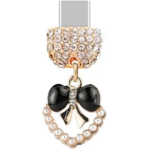 ELISE & FONDA TP175 Type-C USB Charging Port Crystal Anti Dust Plug Little Bow Heart Cell Phone Charm for Samsung Galaxy/Huawei/OnePlus/Xiaomi/oppo Android Phones (White)