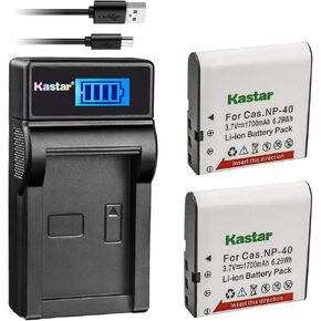 Kastar Battery (X2) & LCD USB Charger for NP-40 and Exilim Z400 FC100 FC150 FC160S P505 P600 P700 Z100 Z1000 Z1050 Z1080 Z1200 Z200 Z30 Z300 Z40 Z450 Z50 Z500 Z55 Z57 PRO EX-Z600 Z700 Z750 Z850