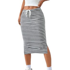 SHENHE Women's Striped Pencil Skirt with Slit Drawstring Waist Bodycon Knit Midi Skirt