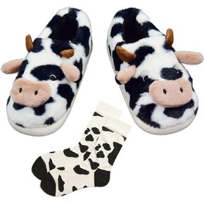Cute Plush Cow Slippers for Women, Cartoon Fuzzy Animal Shape Indoor Slides Soft Slippers with Cow Print Socks