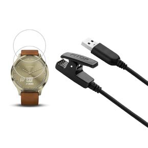 JIUJOJA for Garmin vivomove HR Sport Charger Charging Clip Synchronous Data Cable and 2Pcs Free HD Tempered Glass Screen Protector for vivomove HR Smart Watch