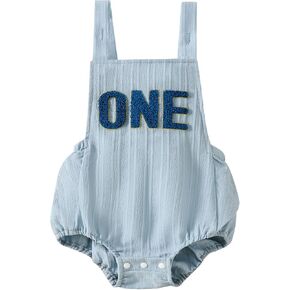 KMBANGI Baby Boy 1st Birthday Outfit Sleeveless Backless 1 Year Old Overalls Cake Smash Romper for First Birthday Summer