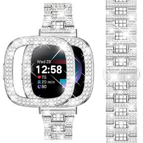 Dsytom Bling Watch Band Compatible with Fitbit Versa 4 Bands/Fitbit Sense 2 Bands with Rhinestone Protective Case Cover for Women Girls