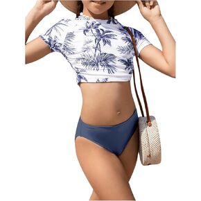 Girl's 2 Piece Swimsuits Hawaiian Tropical Short Sleeve Cute Bikini Set High Waisted Bathing Suit