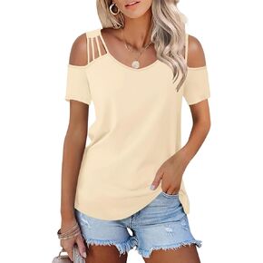 Women's Cold Shoulder Short Sleeve Tops V Neck Summer Shirts Casual Ladies Tees