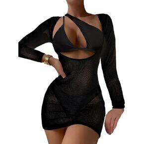 Lilosy Sexy Long Sleeve One Shoulder Bikini Fishnet Beach Swim Cover Up Dress