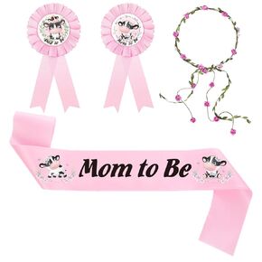 Cow Theme Pink Mom to Be Sash Baby Shower Dad to Be Pin and Flower Crown Headband for Gender Reveals Party Baby Shower Party Decorations for Girls Pregnancy Props Keepsake Gift, Mom to be Party.