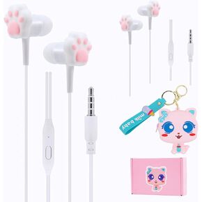 Kids Earbuds Cute Earbuds for Kids in-Ear Headphones with Keychain Storage Case Wired Earphones with Mic Microphone for School Classroom Gift for Girls Boys Adults (cat)