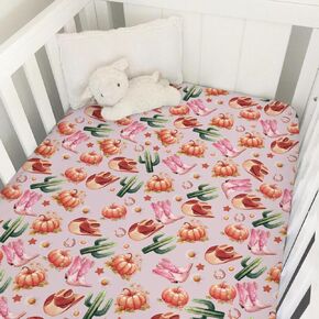 Blue Western Cowboy Pumpkins Fall Baby Crib Sheet 52''x28'' Cowgirl Boots Hats Cactus Stretchy Fitted Crib Mattress Cover for Boy Girl Wild Soft Baby Sheets for Standard Crib and Toddler Mattress