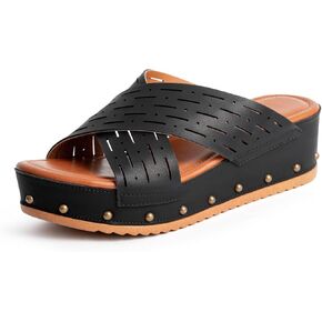 Women's Leather Crisscross Studded Wedge Slide Sandals Fashion Open toe Non-Slip Slip-On Platform Slippers For Summer Beach Walking