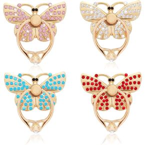 Cell Phone Ring Holder Stands, 4 Pcs Butterfly Phone Ring Holders with Rhinestones Glitter Butterfly Finger Kickstand Metal Hand Grip with Knob Loop 180°/360° Rotation Kickstands(4 Colors)
