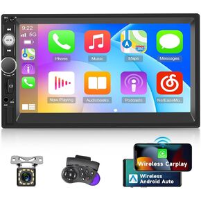 7 inch Double Din Car Radio with Wireless Apple Carplay & Android Auto/FM/EQ/Bluetooth/Mirror Link/Steering Wheel Control/Rear Camera