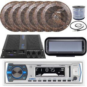 Pyle In-Dash Marine Boat AM/FM USB AUX Radio Headunit Receiver Bundle Combo with 6 x 6.5'' 150W Camouflage Full-Range Speakers, 6-Channel Bluetooth Amplifier, Radio Shield, Speaker Wire, Antenna