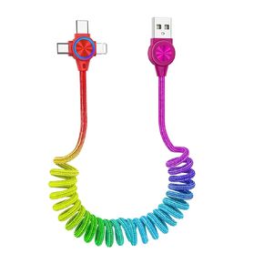 Rainbow Spring 3 in 1 USB Charging Cable,Cute Colourful Multi Nylon Braided Coiled 3 in 1 Charger Cable for Car/Work/Home/Travel/Entertainment