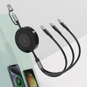 100W USB C Retractable Multi 5-in-1 USB A/Type C to Lightnning+USB C+Micro iPhone Charging Cable,4FT PD 5A Fast Multiple Charger Cord for iPhone 15 14 13 12/Samsung S23/iPad Pro/MacBook/Tablet