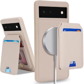 for Google Pixel 6 case with Credit Card Holder, fits Google Pixel 6 Phone Leather Case Wallet for Women Compatible Wallet Detachable 2-in-1 for Men-Beige