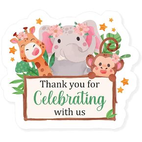 Jungle Animal Baby Girl Shower Thank You Sticker,Thank You for Celebrating with us Stickers,Wild Animals Theme Birthday Party Supplies Labels Sticker 2.4 Inch (80 PCS)
