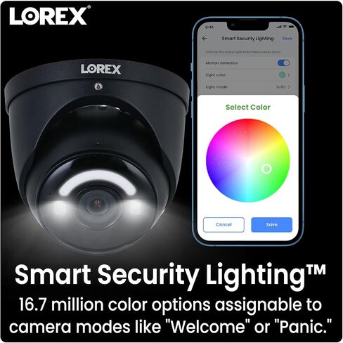 كاميرا Lorex 4K 8MP IP سلكية ذات قبة معدنية خارجية/داخلية - إضاءة أمنية ذكية، كشف الحركة الذكي، صفارة الإنذار، معزز للرؤية الليلية الملونة، التحدث في اتجاهين، IP67 مقاوم للطقس (أسود) in Saudi Arabia