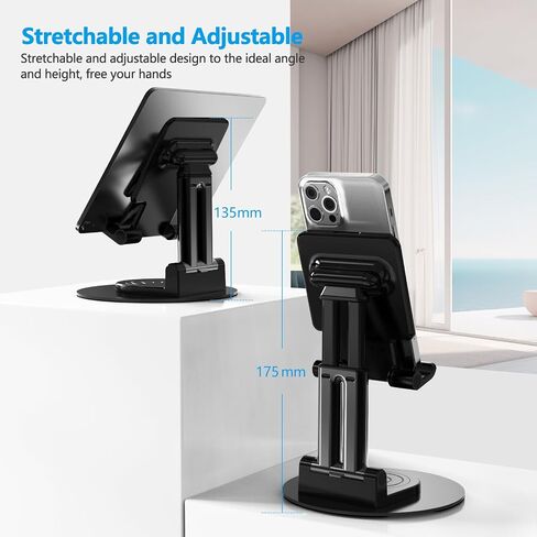 Foldable Cell Phone Stand,360 Degree Rotating Desktop Adjustable Phone Holder for Office Desk Accessories，Compatible with Phone15, Stand Fits All Phones, iPads, Tablet 4-10in（Black） in Saudi Arabia