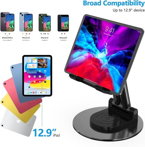 Foldable Cell Phone Stand,360 Degree Rotating Desktop Adjustable Phone Holder for Office Desk Accessories，Compatible with Phone15, Stand Fits All Phones, iPads, Tablet 4-10in（Black） in Saudi Arabia
